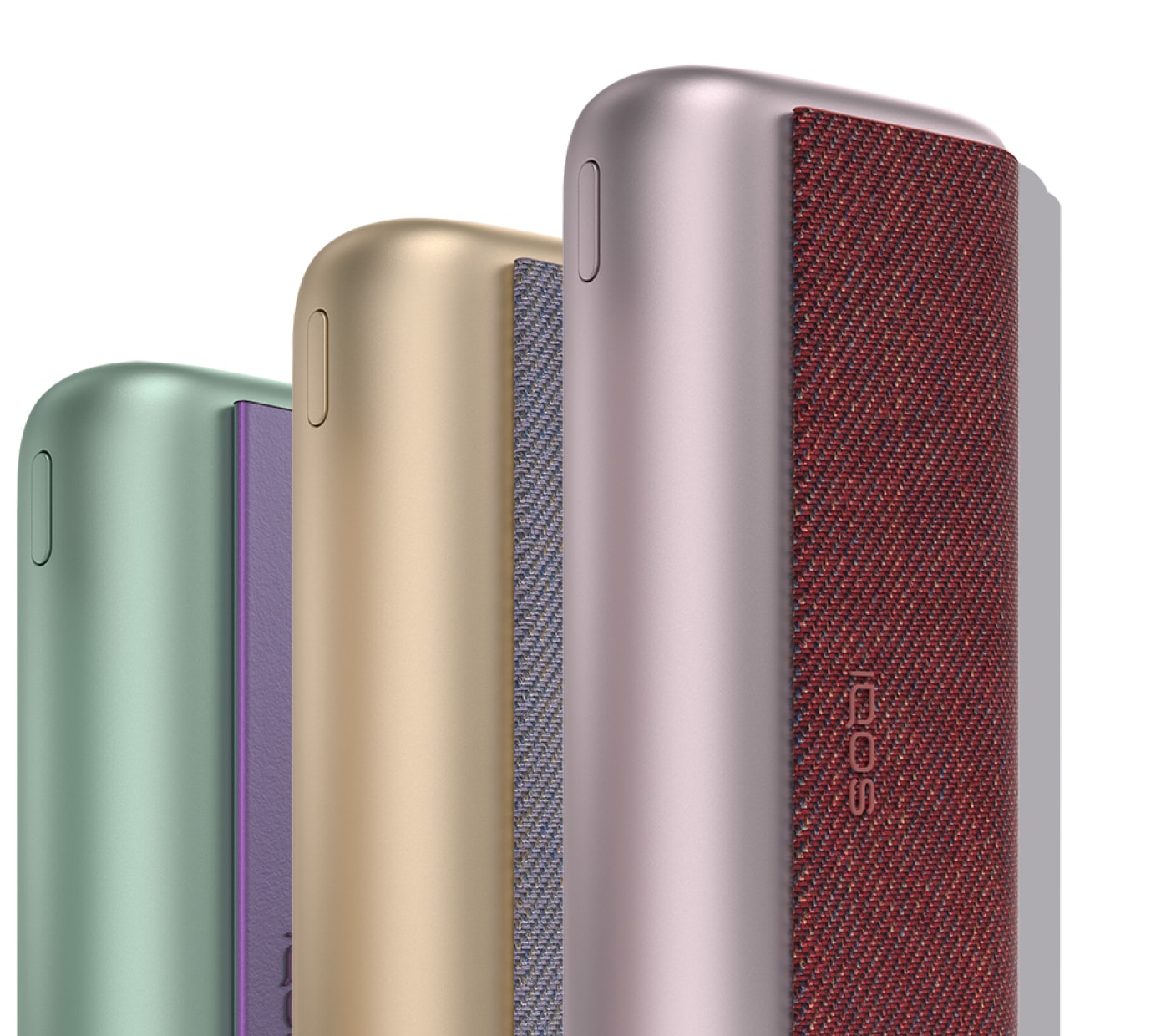 Three IQOS ILUMA PRIME devices: jade green, gold khaki and bronze taupe.
